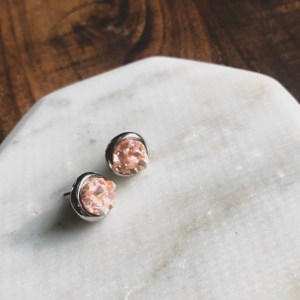 Blush & Silver Round Druzy Stone Stud Earrings NEW Jewelry Women Pink Crystal